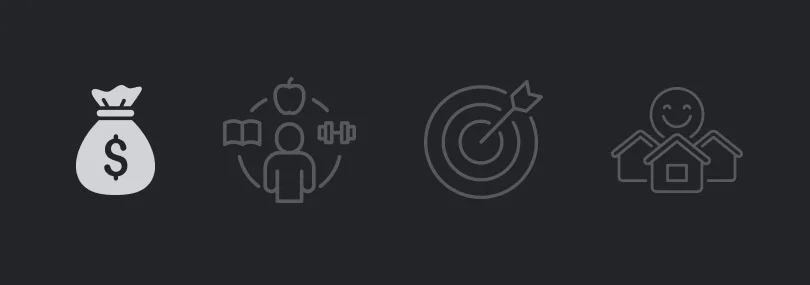 Icons for money, habits, goals and family